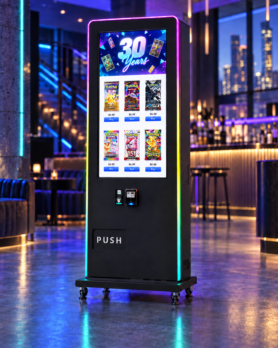 Tall black touchscreen vending machine displaying six Pokémon booster packs in an upscale entertainment venue